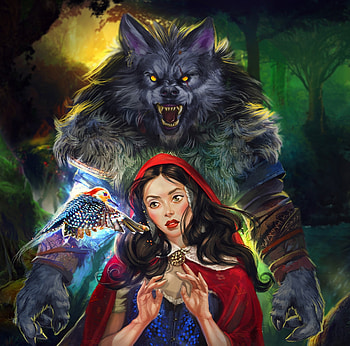 Red Riding Hood, kaloyan stoyanov, bird, fantasy, art, wolf, pasari HD wallpaper