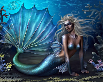 Mermaid, blue, sea, blonde, girl, tail, woman, fantasy, underwater, fish HD wallpaper