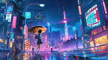 Anime Girl Short Hairs Crossing Street On Rainy Day, anime-girl, anime, umbrella, rain, artist, artwork, digital-art HD wallpaper