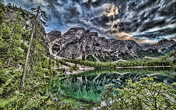 Lake Braies, Alps, mountain landscape, R, Pragser Wildsee, mountains, mountain lake, Dolomites, Italy HD wallpaper