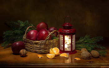Advent Time, still life, basket, apples, walnuts, spruce, mandarine, lantern, Advent HD wallpaper
