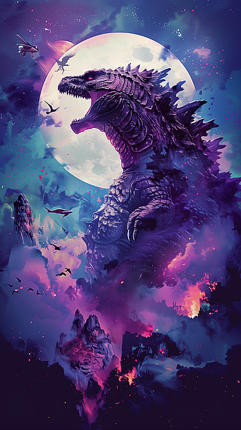 Moonlit Godzilla Majesty, Godzilla, fantasy, illustration, moon, monster HD phone wallpaper