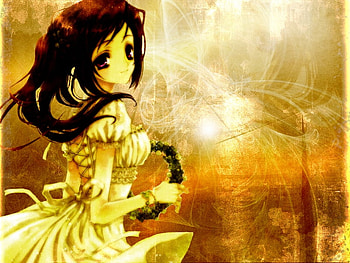Fate, smile, girl, long hair, end, dress, land, crown, brown, anime, fantasy, love, yellow, dream, future HD wallpaper