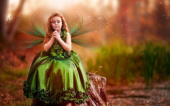 Little fairy, wings, cute, girl, orange, fairy, fantasy, green, autumn, child HD wallpaper