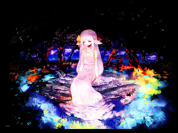 Gloominess, darkness, sitting, flower, cave, fish, spring, elf, water HD wallpaper