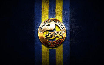 Parramatta Eels, golden logo, National Rugby League, blue metal background, australian rugby club, Parramatta Eels logo, rugby, NRL HD wallpaper