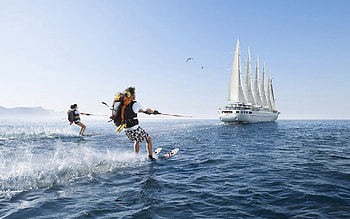 Extreme Travel, ship, sails, skiing, people, ocean HD wallpaper