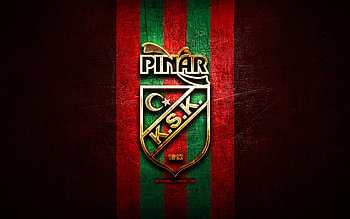 Pinar Karsiyaka, golden logo, Basketbol Super Ligi, red metal background, turkish basketball team, Pinar Karsiyakalogo, basketball, Karsiyaka Basket HD wallpaper