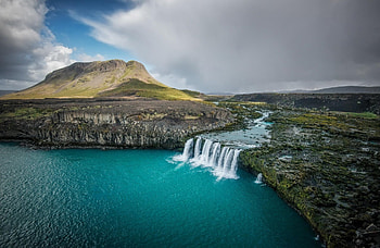 Thjofafoss, Iceland, river, national park, turquoise, clouds, waterfall, nature, mountain HD wallpaper