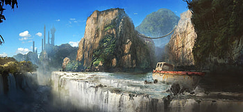 Fantasy, Rocks, Waterfall, Break, Precipice, Skyscrapers, Ship HD wallpaper
