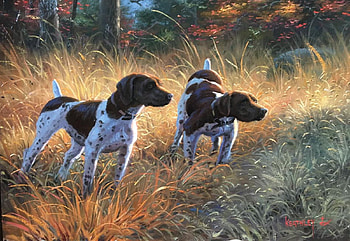 Pointers, artwork, trees, dogs, meadow, painting HD wallpaper