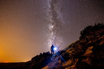 Nature, Mountains, Shine, Light, Starry Sky, Human, Person HD wallpaper