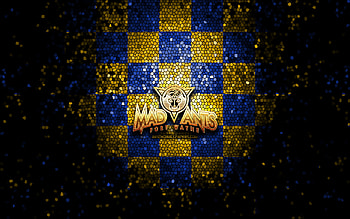 Fort Wayne Mad Ants, glitter logo, NBA G League, blue yellow checkered background, basketball, american basketball team, Fort Wayne Mad Ants logo, mosaic art HD wallpaper