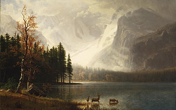 Estes Park Colorado Whytes Lake, estes park colorado, art, albert bierstadt, whytes lake, painting, pictura, deer, luminos, water HD wallpaper