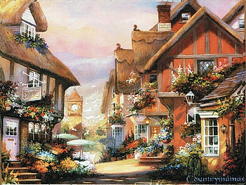 Town Cottage, clock tower, cottage, town HD wallpaper