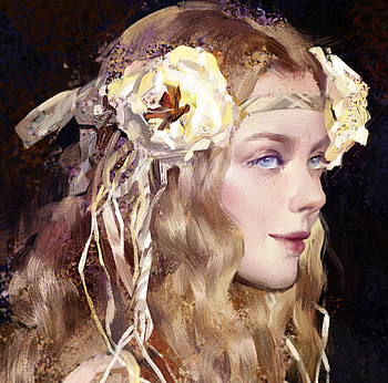 Girl, blonde, fantasy, portrait, flower, face, luminos, xintong chen, frumusete HD wallpaper
