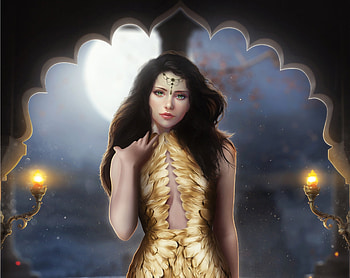 Jasmine, fantasy, moon, yellow, luna, hosne qanadelo, girl, princess HD wallpaper