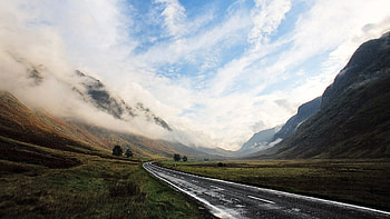 Nature, Sky, Mountains, Clouds, Road, Wet, Asphalt, Path, Haze, Valley, Way, Unknown, Obscurity HD wallpaper