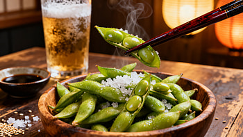 Steam-Kissed Edamame —, Edamame, Bowl, Chopsticks, Beer HD wallpaper