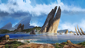 Art, Sea, Boats, Rocks, Coast HD wallpaper