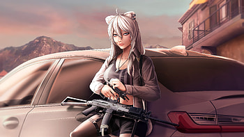 Shishiro, artist, artwork, art, anime-girl, digital-art, car, gun, artstation HD wallpaper