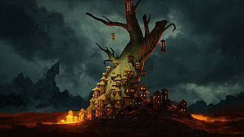 Lanterns, fairytale, tree, fantasy HD wallpaper