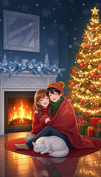 Cozy Anime Christmas | Yuletide Anime | Festive Anime Background, anime christmas, couple, christmas tree, cat HD phone wallpaper