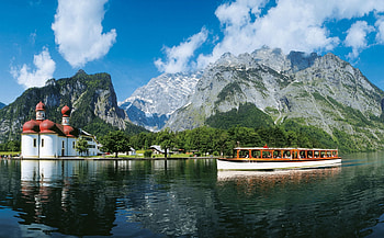 Lake Koenigssee, Bavaria, ship, clouds, germany, sky, church, alps, mountains HD wallpaper
