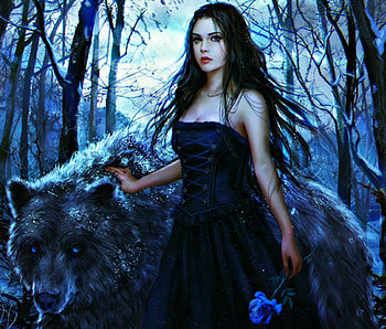 Relentless, blue, black, girl, beauty, tree, woman, fantasy, bear, anotherwanderer, luminos, forest HD wallpaper