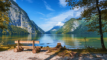 Lake Koenigssee, Berchtesgaden, Bavaria, bench, landscape, germany, sky, alps, mountains, tree HD wallpaper