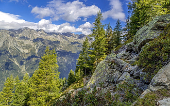 Mountains, landscape, trees, clouds HD wallpaper