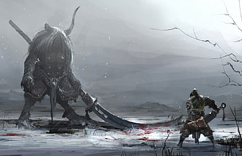 Battle Of Man And Demon, swords, man, snow, battle, demon HD wallpaper