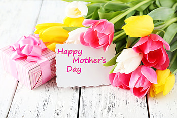 Happy Mother's Day, ribbon, present, tulips, gift, Happy Mothers Day, wood, Mothers Day, flowers, Spring, bow HD wallpaper