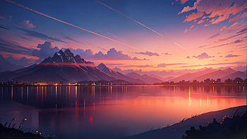 AI Anime Digital — Lakeside Sunset, anime landscape, landscape, Digital Art, AI Art, Anime HD wallpaper
