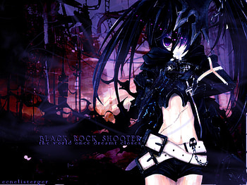 Black Rock Shooter, black, awesome, song, cross, flames, vocaloid, ova, brs, nice, buildings, music, ruins, movie, aqua eyes, white, twintail, girl, aqua, dark, scythe, anime, cool, stitches, scar, belt, katana HD wallpaper