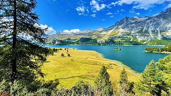 Lake Sils in Sils-Maria, Switzerland, alps, mountains, clouds, landscape, trees, sky HD wallpaper