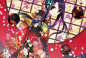 Anime, japanese, kimono, designs, petals, flower, girl, long hair HD wallpaper