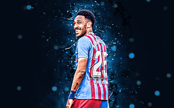 Pierre-Emerick Aubameyang, back view, FC Barcelona, blue neon lights, gabonese footballers, LaLiga, Barca, Barcelona FC, football, Pierre-Emerick Aubameyang , soccer, FCB, Pierre-Emerick Aubameyang Barcelona, La Liga HD wallpaper