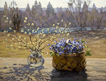 Виктор Бутко. Первое тепло, basket, painting, art, flower, vase HD wallpaper