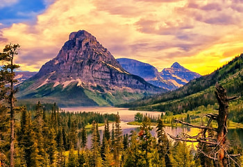 Sunset At Two Medicine Lake, Montana, beautiful, mountain, lake, summer, clouds, trees, sky, forest, sunset HD wallpaper