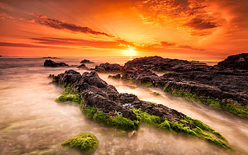 Rocky Beach, sea, colors, sky, sun, rocks HD wallpaper