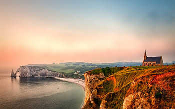Church, sea, bay, , sunset HD wallpaper