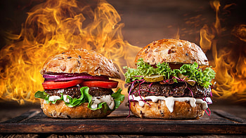 Hamburger , Fast food flames, Hot and tasty, High-resolution HD wallpaper