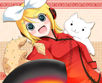 Who's Hungry?, cooking, cute, cat, vocaloid, food, anime, rin kagamine, red outfit, pet HD wallpaper