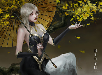 Fantasy girl, girl, art, ngoc tran, fantasy, yellow, parasol HD wallpaper