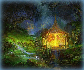 ✫Glow Gazebo in the Rain✫, glow, little falls, trees, drawings, golden, gazebo, paradise, forests, paintings, beautiful, grass, digitals art, creative pre-made, love four seasons, step stones, landscapes, pavilion, nature, flowers HD wallpaper