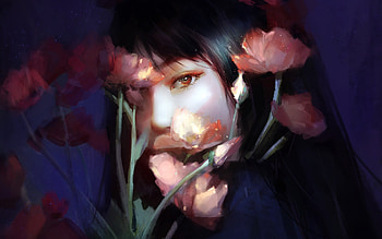 Hidden beauty, red, flower, fantasy, portrait, face art, miqi1998, girl HD wallpaper
