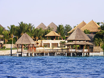 exotic holiday ...., sea, palms, style, design, architecture, houses, beach, nature, water, resort, ocean HD wallpaper