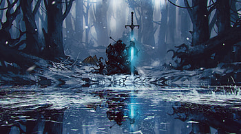 Warrior at lake, dark, dragon, art HD wallpaper