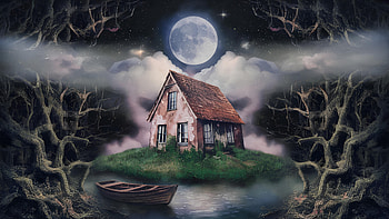 Mystical house on an island under full moon, mystical, house, island, moon HD wallpaper